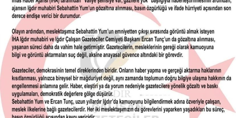 Iğdır Çalışan Gazeteciler Cemiyeti’nden iki gazetecinin gözaltına alınmasına tepki