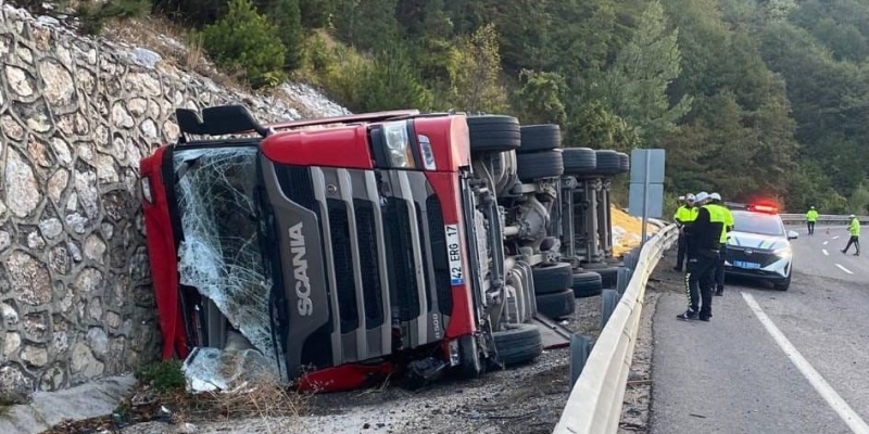 Kontrolden çıkan yem yüklü tır devrildi
