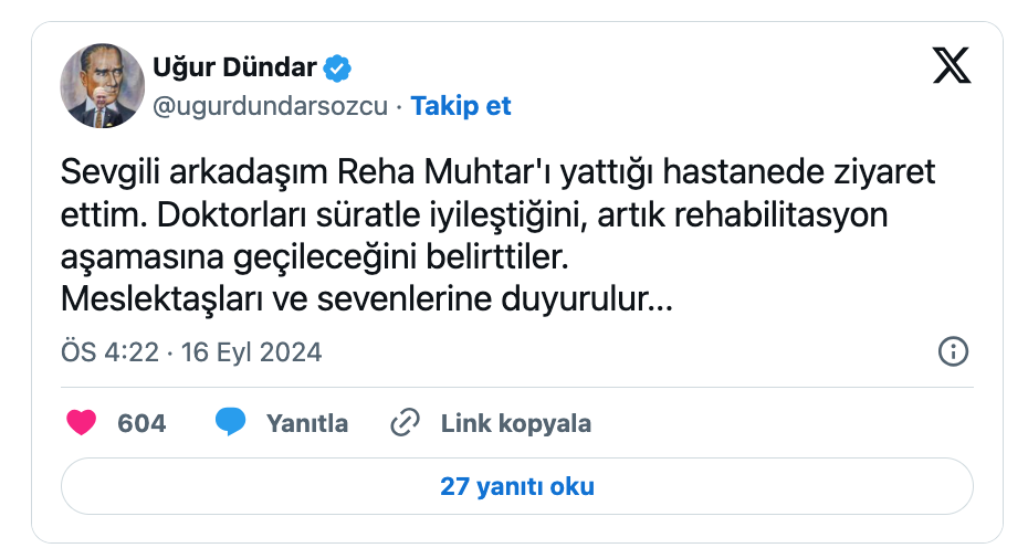 ugur dundar reha muhtar in saglik durumunu paylasti