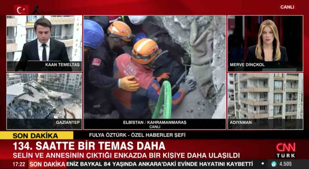 Depremin vurduğu Kahramanmaraş'ta arama kurtarma çalışmaları tüm hızıyla devam ederken, Kahramanmaraş'ta yan yana iki enkazdan 134. saatte 3 kişilik bir aile ve 16 yaşındaki Hedil isminde bir kızımız enkazdan sağ olarak kurtarılmak için çalışılıyor. 