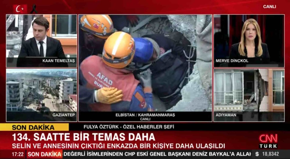 Depremin vurduğu Kahramanmaraş'ta arama kurtarma çalışmaları tüm hızıyla devam ederken, Kahramanmaraş'ta yan yana iki enkazdan 134. saatte 3 kişilik bir aile ve 16 yaşındaki Hedil isminde bir kızımız enkazdan sağ olarak kurtarılmak için çalışılıyor. 