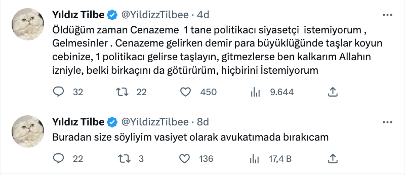 yildiz tilbe den dikkat ceken vasiyet politikaci istemiyorum